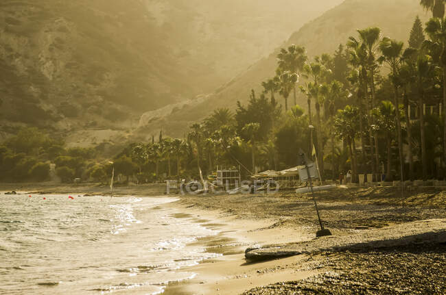 Praia vazia e palmeiras, Pissouri Bay; Limassol, Chipre — Fotografia de Stock