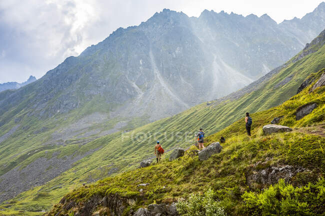 One asian man and two caucasian women (millennials) and their dog hike the very rocky/bouldery Reed Lakes trail  through the Talkeetna Mountains in Hatcher's Pass, Palmer, Alaska, United States of America — Stock Photo