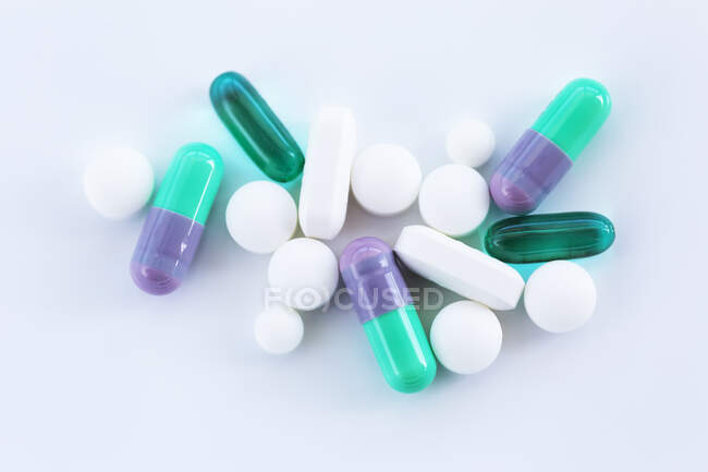Prescription medication, pills on grey background; Studio — Stock Photo