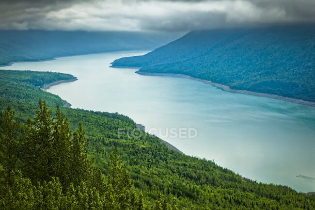 Вид з повітря на озеро Еклутна в оточенні зелених, Парк штату Чугач, південно-центральна Аляска влітку; Аляска, Сполучені Штати Америки. — стокове фото