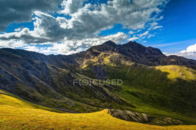 Pioneer Peaks, im Sommer vom Pioneer Ridge Trail aus gesehen, Chugach State Park, Süd-Zentralalaska; Palmer, Alaska, Vereinigte Staaten von Amerika — Stockfoto