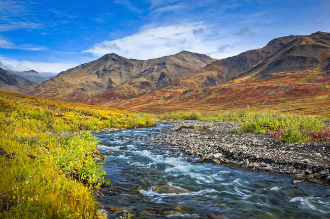 Kuyuktuvuk Creek e Brooks Montagne nei colori autunnali sotto il cielo blu. Cancelli del Parco Nazionale Artico e Conservazione, Alaska Artico in autunno; Alaska, Stati Uniti d'America — Foto stock