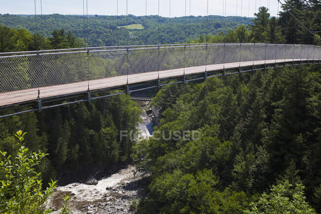 Самый длинный в мире подвесный пешеходный мост над ущельем реки Коатикук; Коатикук, Квебек, Канада — стоковое фото