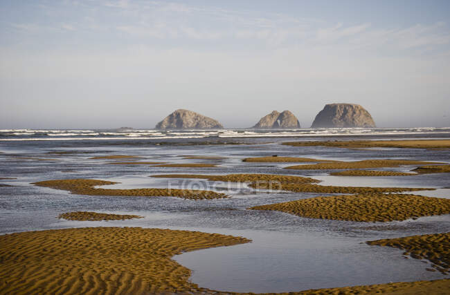 Tres rocas del arco se ven de la boca de la bahía de Netarts; Netarts, Oregon, Estados Unidos de América - foto de stock