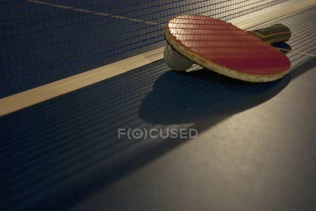 Tischtennispaddel, Ball und Netz auf einem Tisch; Tulum, Mexiko — Stockfoto