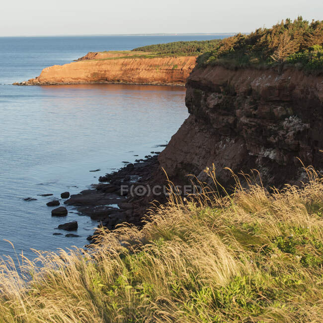 Scogliere lungo la costa e l'orizzonte dell'Oceano Atlantico; frontoni verdi, Isola del Principe Edoardo, Canada — Foto stock