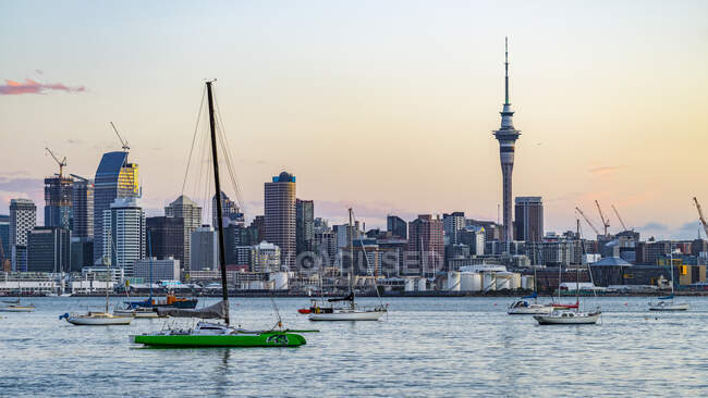 Barcos en el puerto a lo largo de la costa de Auckland, visto desde Sulphur Beach Reserve al atardecer; Auckland, Isla Norte, Nueva Zelanda - foto de stock