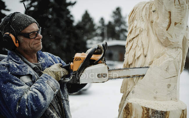 Artista tallando una escultura de madera con motosierra; Edmonton, Alberta, Canadá - foto de stock