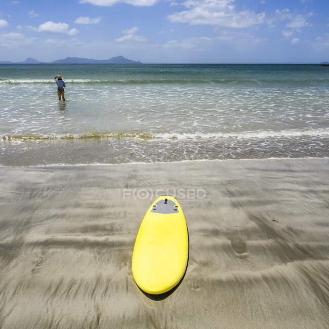 A woman standing in the shallow water of the surf looking out to the mountainous coastline in the distance, bright yellow stand up paddleboard on the beach in the foreground; Waipu, Northland Region, North Island, New Zealand — Stock Photo