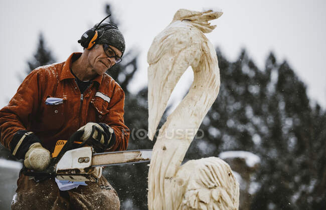 Художник вырезал деревянную скульптуру бензопилой; Эдмонтон, Альберта, Канада — стоковое фото