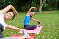 Two women practising Yoga at Botanic Gardens, Singapore — Stock Photo