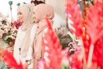 Dos jóvenes musulmanas en floristería teniendo una conversación divertida - foto de stock
