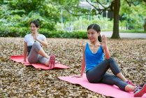 Dos mujeres practicando Yoga en Botanic Gardens, Singapur - foto de stock