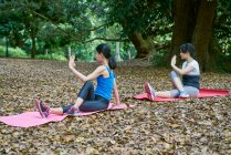 Due donne che praticano Yoga ai Giardini Botanici, Singapore — Foto stock