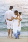 Visão traseira da família caucasiana feliz na praia — Fotografia de Stock