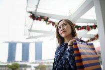 Glücklich schöne asiatische Frau beim Einkaufen mit Einkaufstasche — Stockfoto
