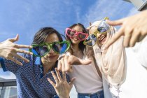 Gruppe von Freunden mit lustigen Brillen amüsiert sich vor blauem Himmel — Stockfoto