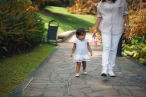 Cute asian mother and daughter walking in park — Stock Photo