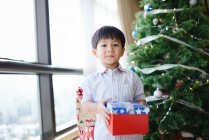 Азіатська сім'я святкує Різдво, хлопчик тримає подарунок — стокове фото