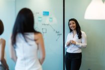 Young Woman giving a presentation at a whiteboard to colleagues. — Stock Photo
