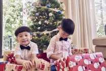 Щасливі молоді азіатські хлопчики святкують Різдво разом — стокове фото