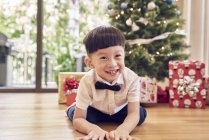 Little asian boy posing in front of christmas fir tree — Stock Photo