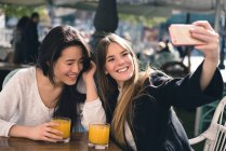 Two beautiful female friends taking selfie in cafe — Stock Photo