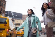 Zwei schöne asiatische Frauen fangen Taxi zusammen bei New York, USA — Stockfoto