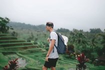 Молода людина, що вивчає рисових полів на Балі — стокове фото