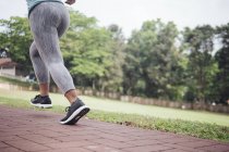Imagem cortada de jovem mulher esportiva correndo no parque — Fotografia de Stock