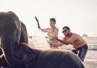 Young couple playing with elephants in Koh Chang, Thailand — Stock Photo