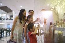 Молода азіатська сім'я дивиться через скло в торговому центрі — стокове фото