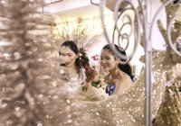 Two young asian woman shopping together in mall at christmas — Stock Photo
