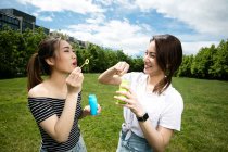 Милі азіатські подружки роблять мильні бульбашки в парку . — стокове фото