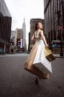 Uma mulher bonita e elegante andando rua passando e segurando sacos de compras com Empire State Building . — Fotografia de Stock