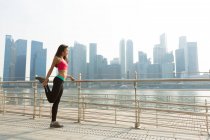 A young asian woman is stretching before her run in the Marina Bay area. — Stock Photo