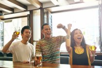 Young asian friends cheering together in bar — Stock Photo