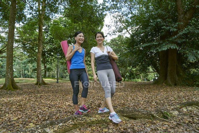 Две женщины идут на йогу в ботанический сад, Сингапур — стоковое фото