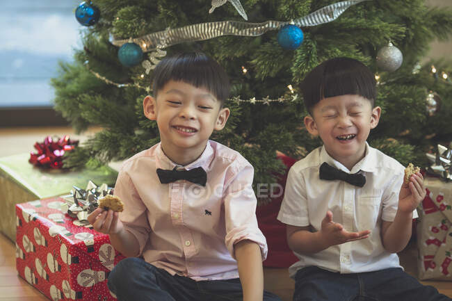 Dos hermanos haciendo caras graciosas mientras celebran la Navidad - foto de stock