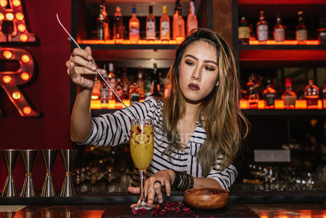 Retrato de jovem barman feminino fazendo coquetel no bar — Fotografia de Stock