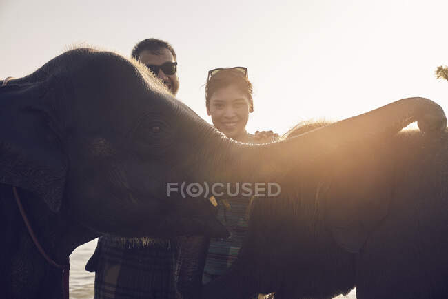 RELEASES Young couple playing with elephants in Koh Chang, Thailand — Stock Photo