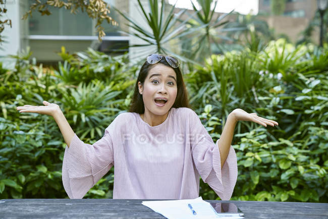 Feliz joven malaya dama en su ordenador portátil al aire libre - foto de stock