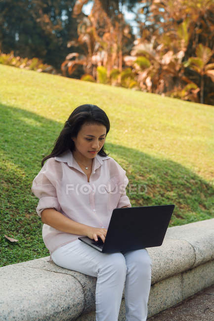 Молода азіатська жінка використовує ноутбук у парку — стокове фото