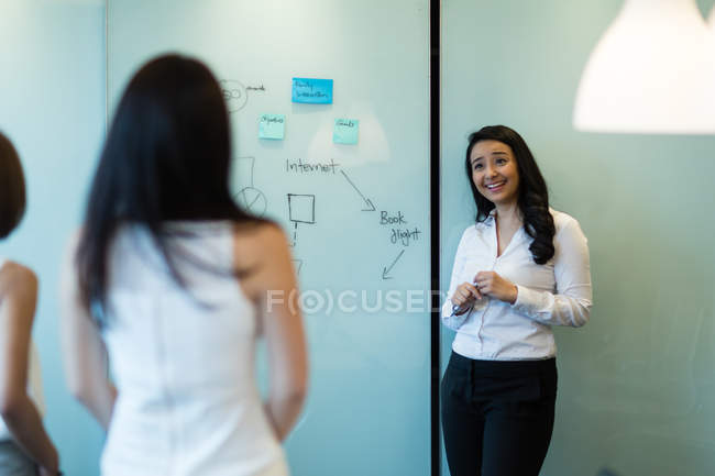 Jovem mulher dando uma apresentação em um quadro branco para colegas . — Fotografia de Stock