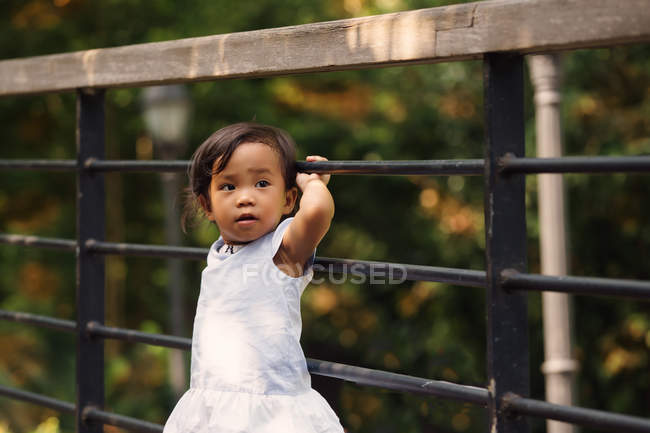 Cute little girl standing beside fence in park — Stock Photo