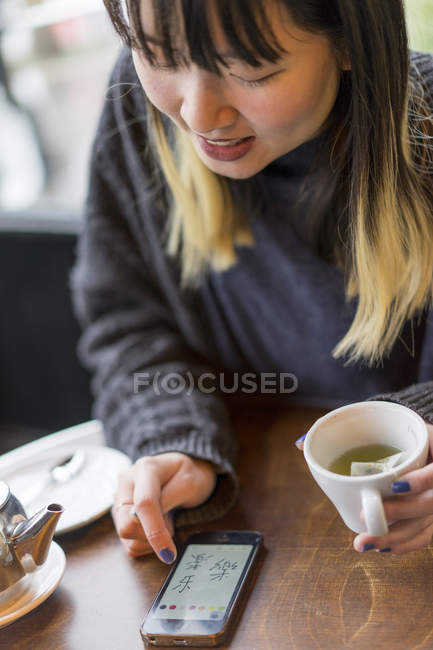 Jeune attrayant casual asiatique femme en utilisant smartphone dans café — Photo de stock