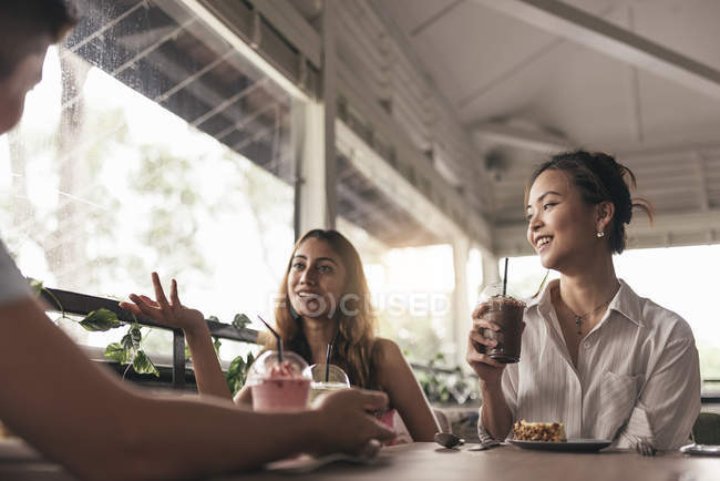 Grupo de amigos almorzando en un restaurante - foto de stock