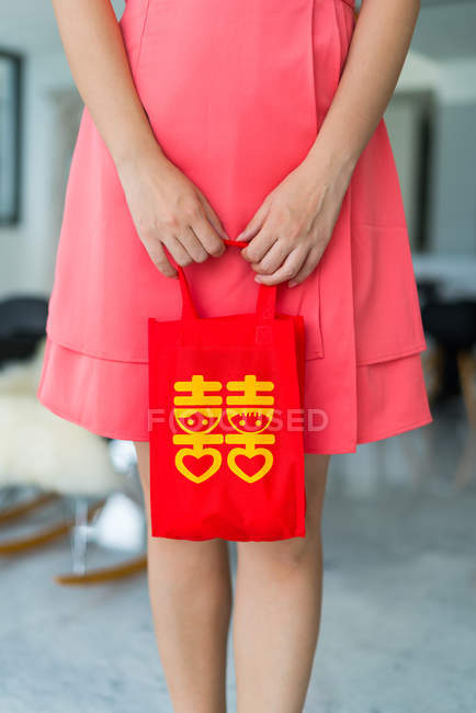 Cropped image of little girl holding bag — Stock Photo
