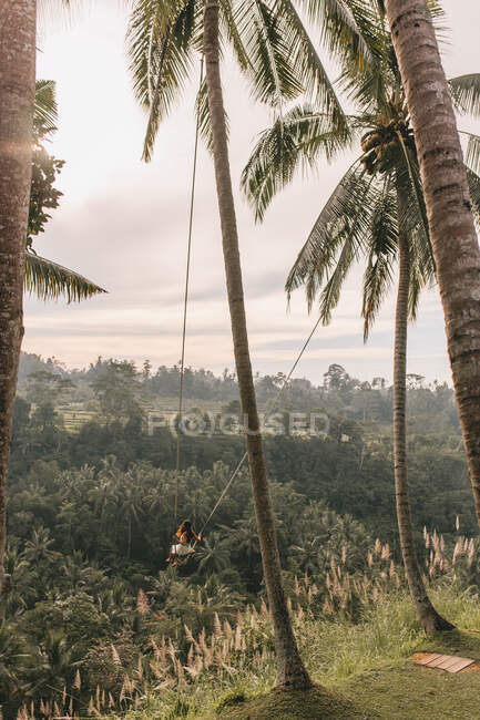 Mulher em um balanço contra uma bela paisagem em Bali — Fotografia de Stock