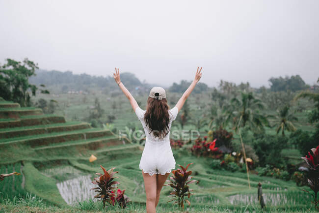 Visão traseira da jovem explorando as plantações de arroz em Bali — Fotografia de Stock